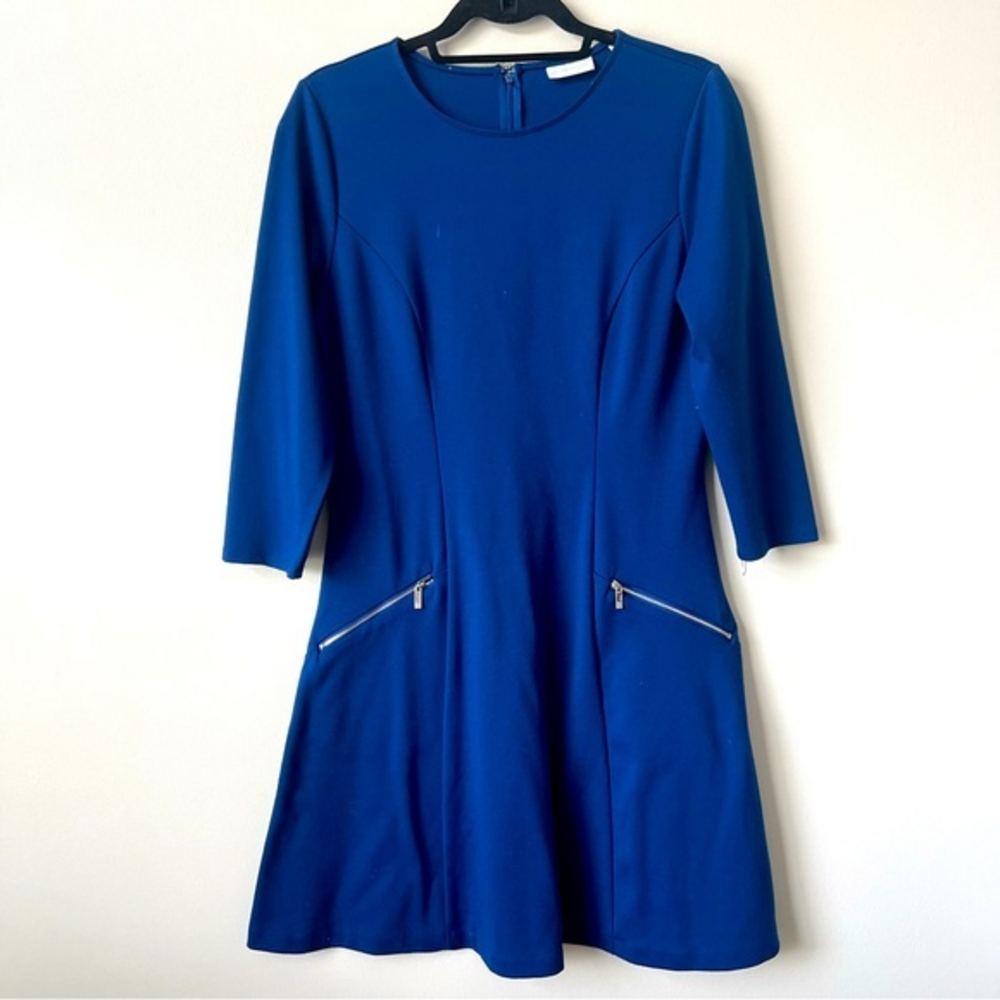 New‎ York & Company Cobalt Blue Zipper Pocket 3/4 Sleeve Fit & Flare Dress